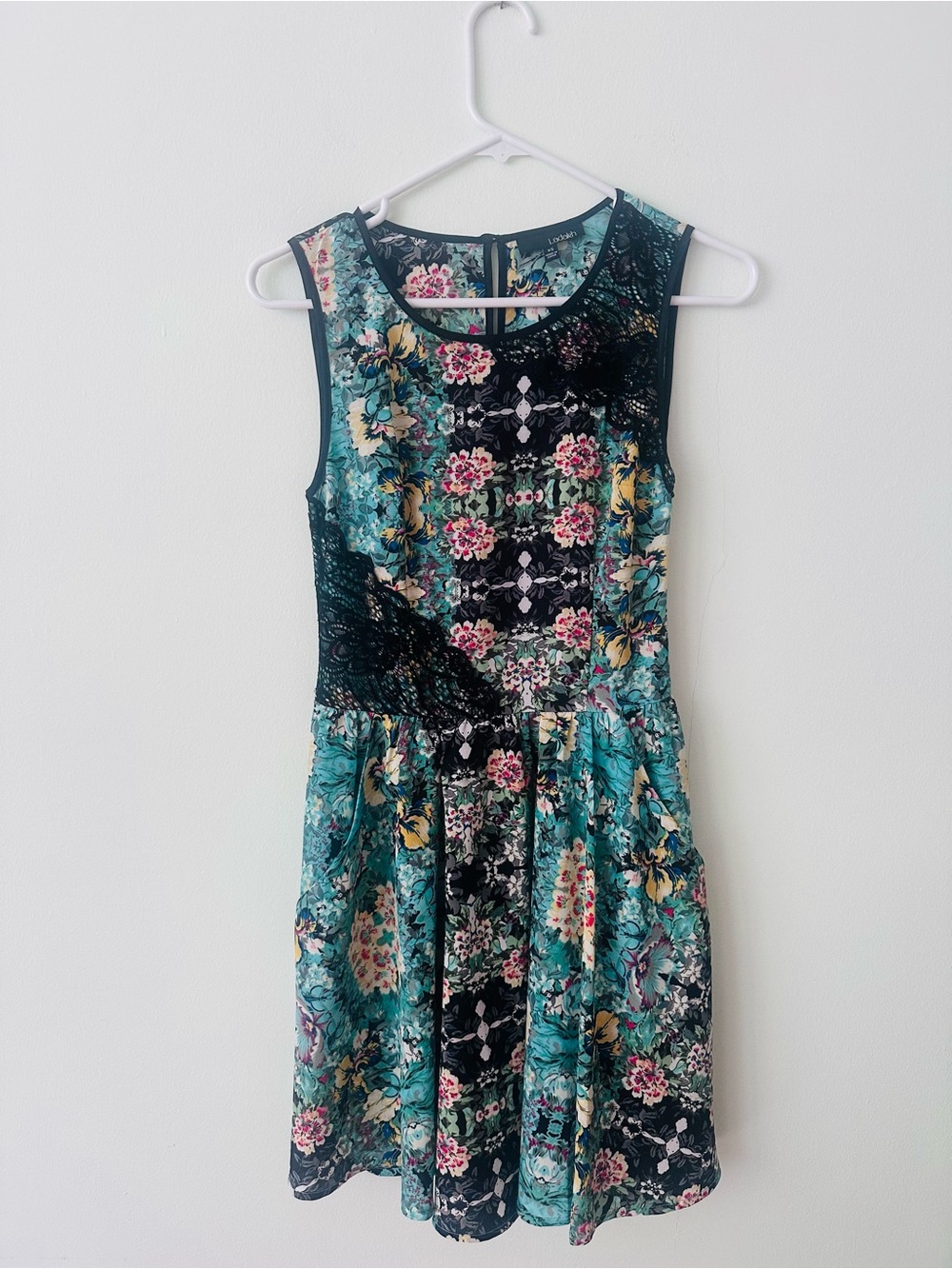 Ladakh Floral Lace Sleeveless Fit & Flare Dress XS Teal Black Boho
